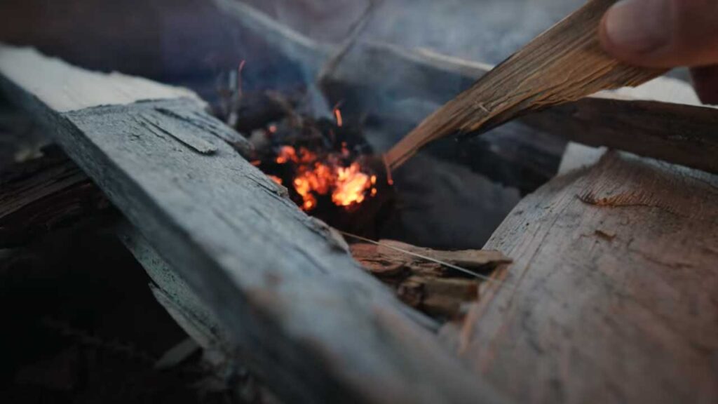 How to Start a Fire in the Wild with Sticks Tip: Once your nest has caught fire, drop it into your fire pit and add shavings of wood.  