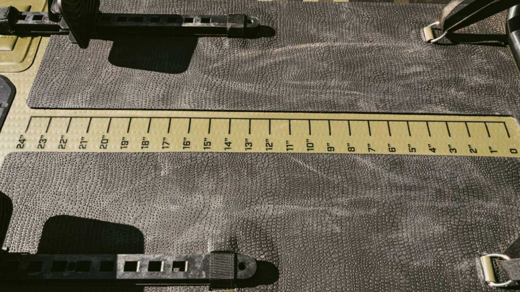 Floor is non-slip and hook resistant for anglers who both stand and drop lures everywhere.