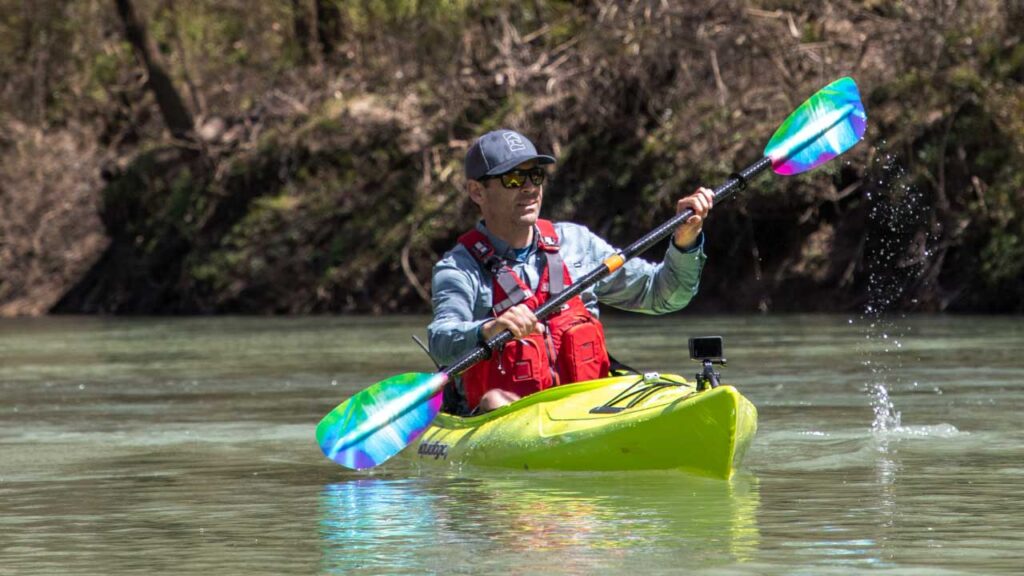 The bow keel on most kayaks, like this rec kayak, keeps the bow of the boat pointing the right way.