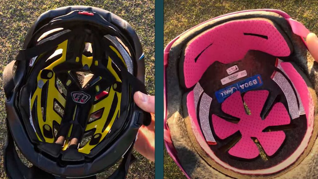On the left is a biking helmet with a cool adjustment dial. On the right, the padded skater helmet.